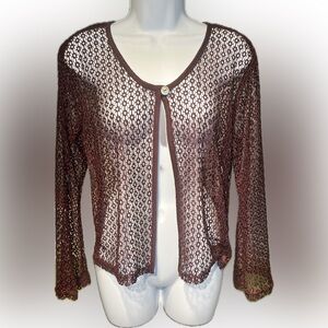 Vintage Y2K Fashion Bug Burgundy Crochet Open Knit Cardigan